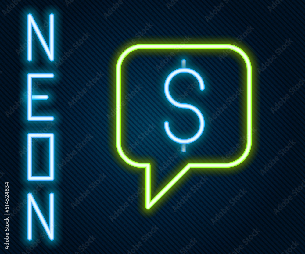 Glowing neon line Paid support icon isolated on black background.Speech bubble chat. Message icon. C