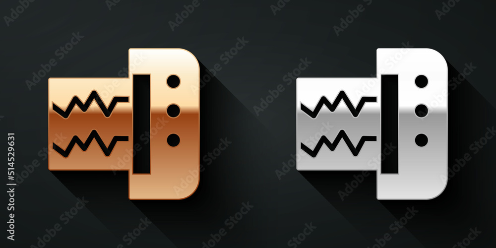 Gold and silver Seismograph icon isolated on black background. Earthquake analog seismograph. Long s