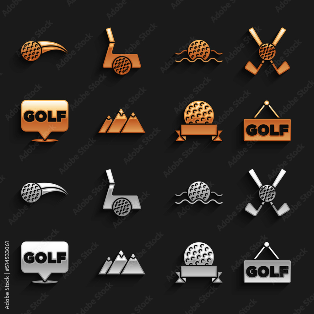 Set Mountains，Crossed golf club with ball，golf label，water，and icon.Vvector（设置山脉，带球的交叉高尔夫球杆，高尔夫标签，水和