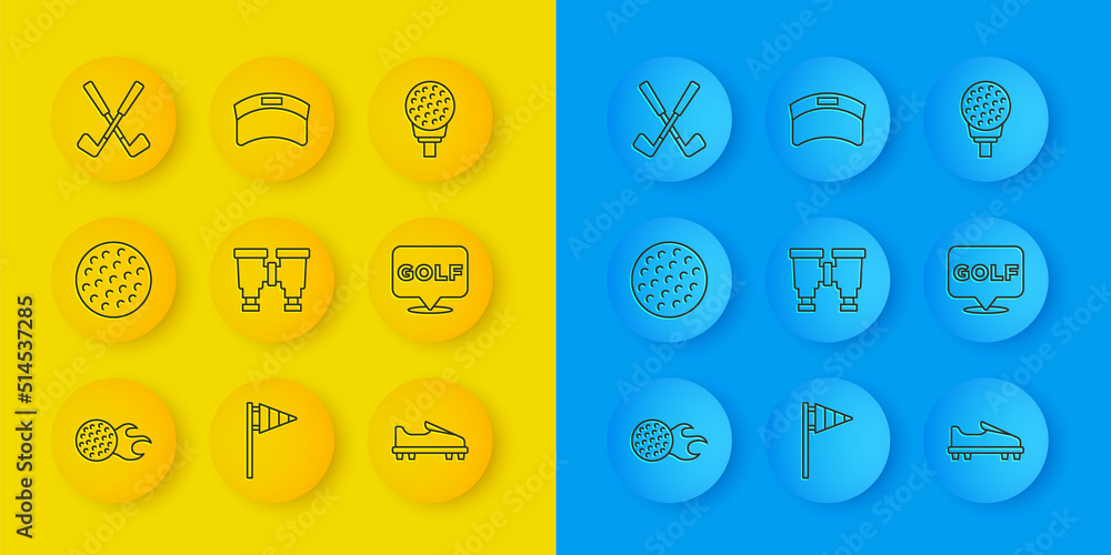 Set line Golf ball, Binoculars, shoe, label, Crossed golf club, on tee and Sun visor cap icon. Vecto