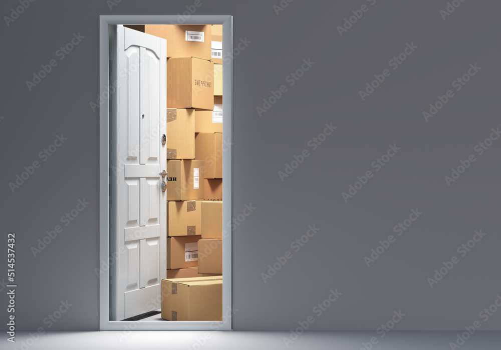 Delivery concept. Cardboard boxes and mail packages near door. 3d illustration