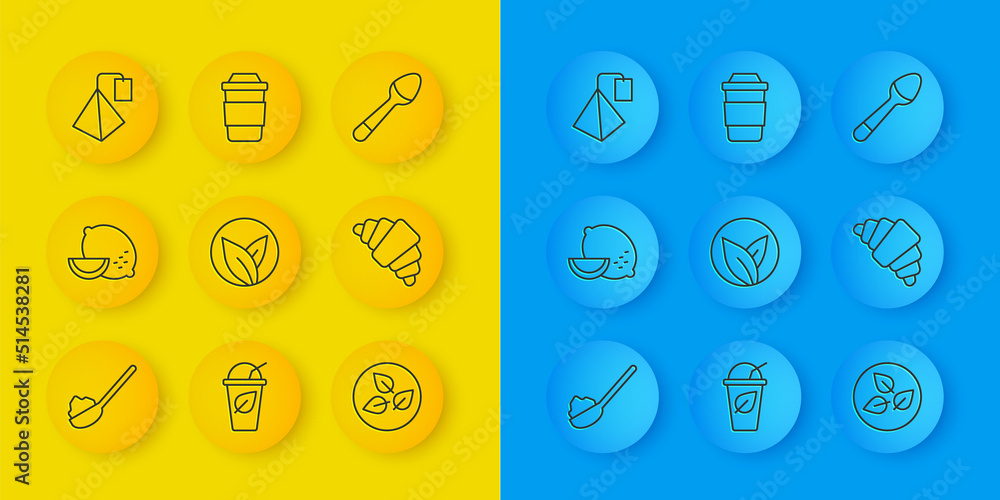 Set line Spoon with sugar, Lemon, Tea leaf, Croissant, bag, Teaspoon and Cup of tea icon. Vector