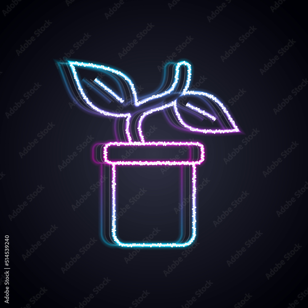 Glowing neon line Plant in pot icon isolated on black background. Plant growing in a pot. Potted pla