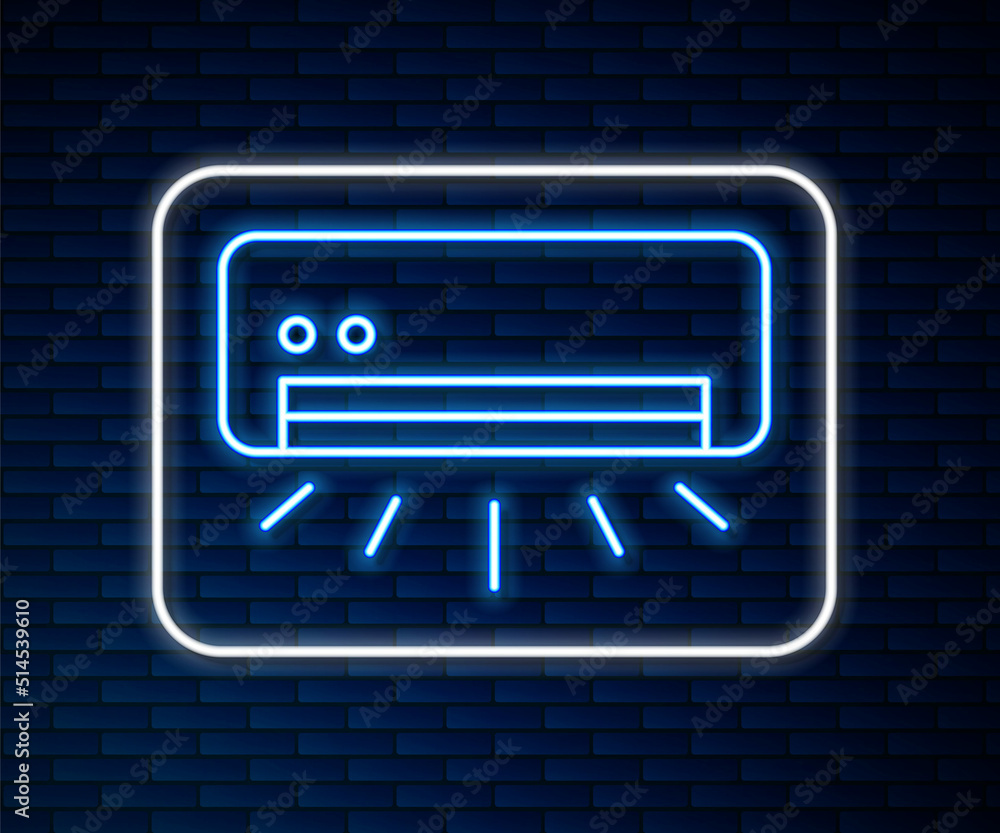 Glowing neon line Air conditioner icon isolated on brick wall background. Split system air condition