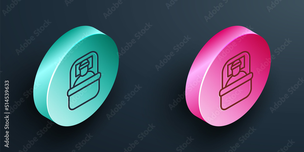 Isometric line Sleeping bag icon isolated on black background. Turquoise and pink circle button. Vec