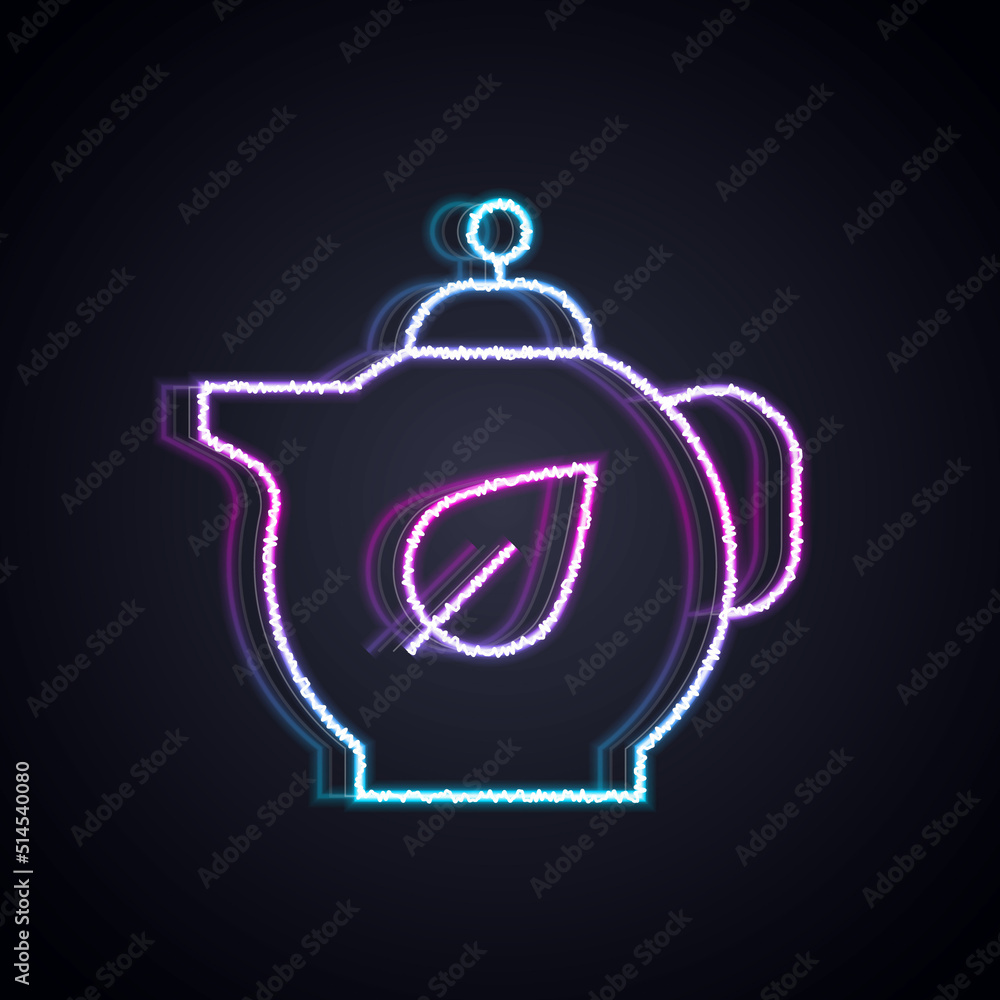 Glowing neon line Teapot with leaf icon isolated on black background. Vector