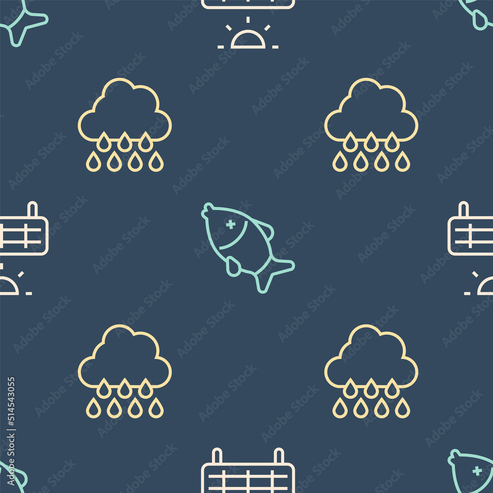 Set line Solar energy panel, Cloud with rain and Dead fish on seamless pattern. Vector