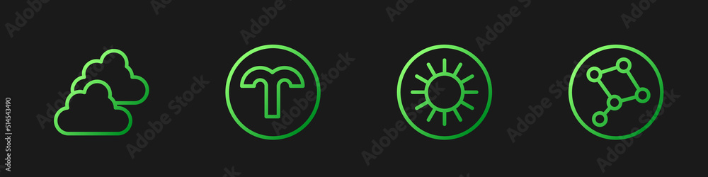 Set line Sun, Cloudy weather, Aries zodiac and Great Bear constellation. Gradient color icons. Vecto