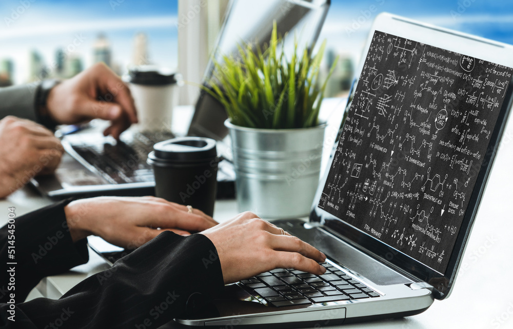 Mathematic equations and modish formula on computer screen showing concept of science and education