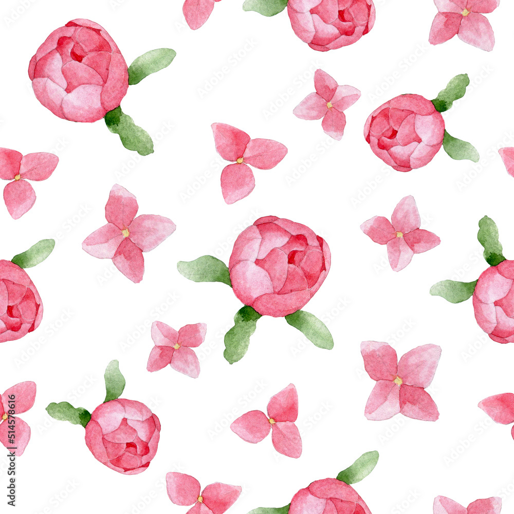 watercolor drawing. seamless pattern with pink peony buds and hydrangea flowers on a white backgroun