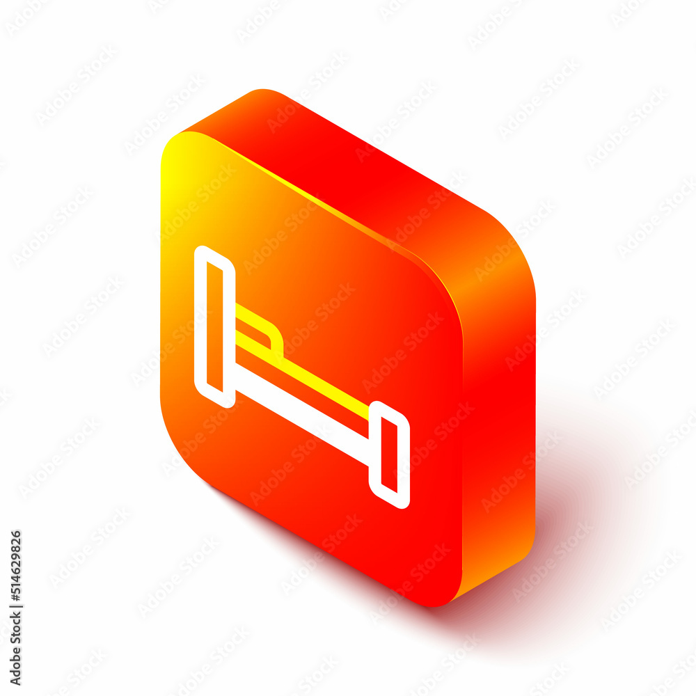 Isometric line Bed icon isolated on white background. Orange square button. Vector