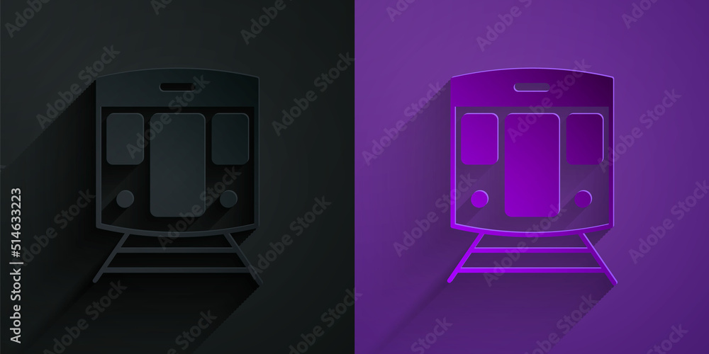 Paper cut Train and railway icon isolated on black on purple background. Public transportation symbo