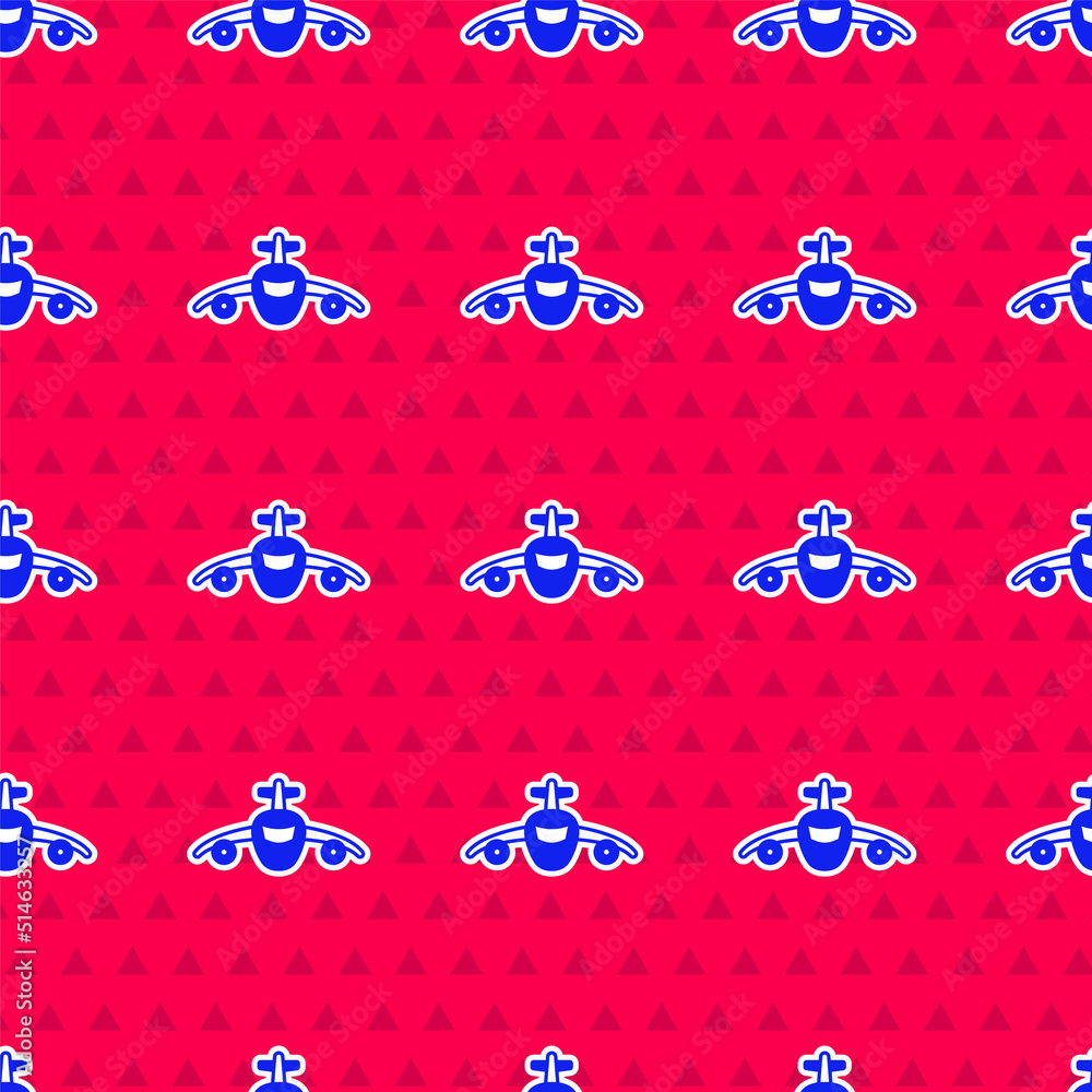 Blue Plane icon isolated seamless pattern on red background. Flying airplane icon. Airliner sign. Ve