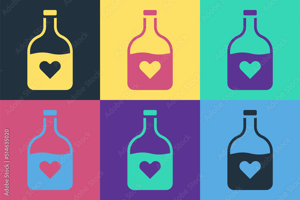 Pop art Bottle with love potion icon isolated on color background. Happy Valentines day. Vector