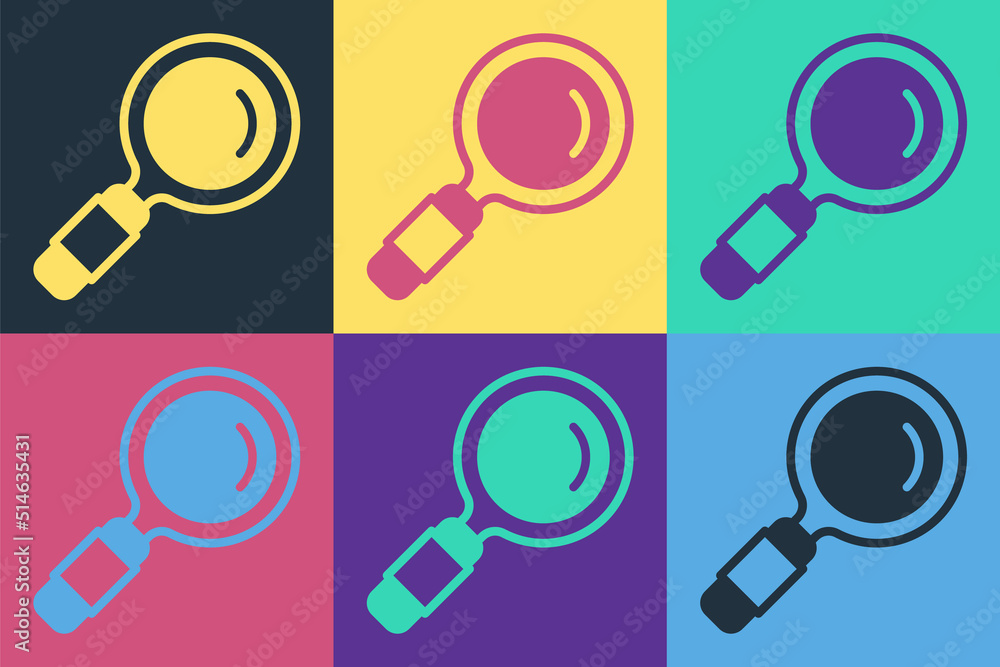 Pop art Magnifying glass icon isolated on color background. Search, focus, zoom, business symbol. Ve