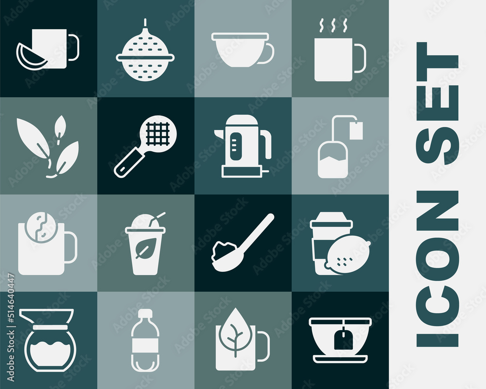 Set Cup with tea bag, of lemon, Tea, strainer handle, leaf, and Electric kettle icon. Vector