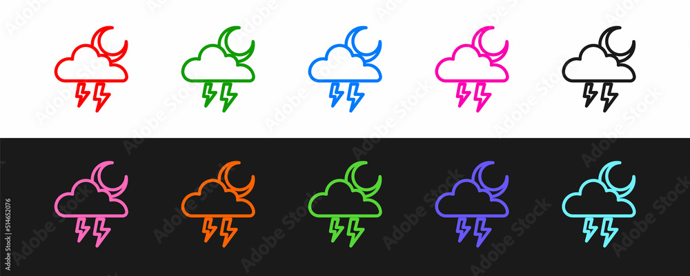 Set line Storm icon isolated on black and white background. Cloud with lightning and moon sign. Weat