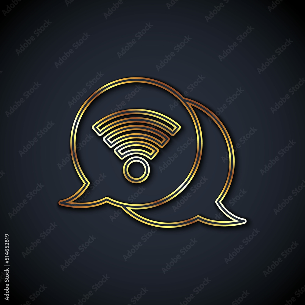 Gold line Wi-Fi wireless internet network symbol icon isolated on black background. Vector