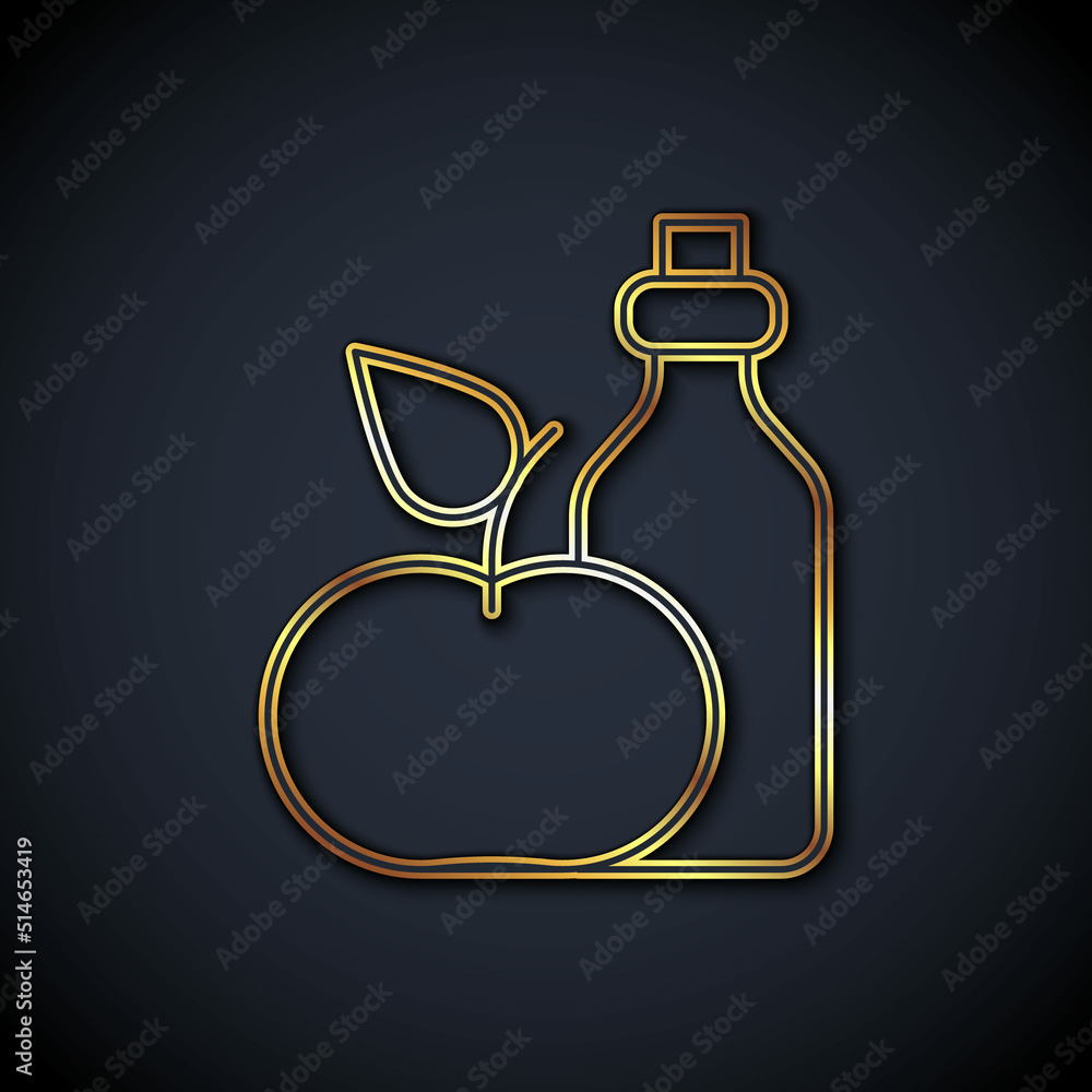 Gold line Apple cider vinegar in bottle icon isolated on black background. Vector