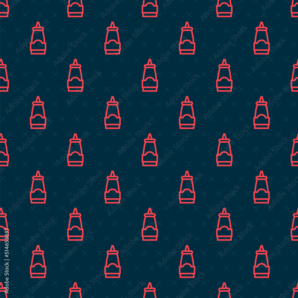 Red line Sauce bottle icon isolated seamless pattern on black background. Ketchup, mustard and mayon