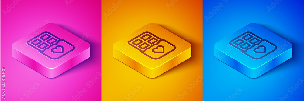 Isometric line Chocolate bar icon isolated on pink and orange, blue background. Happy Valentines day