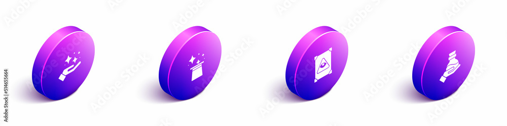 Set Isometric Sparkle stars with magic trick, Magic hat, Ancient book and Bottle potion icon. Vector