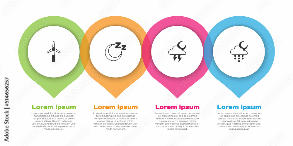 设置风力涡轮机、睡眠时间、风暴和云和雨和月。商业信息图模板。