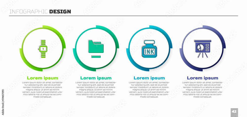 设置手表、文档文件夹、墨水井和带图形的板。商业信息图形模板。Vecto