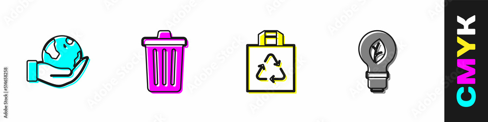 Set Hand holding Earth globe, Trash can, Shopping bag with recycle and Light bulb leaf icon. Vector