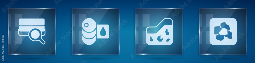 Set Soil analysis, Barrel, Ground and Gold nugget. Square glass panels. Vector