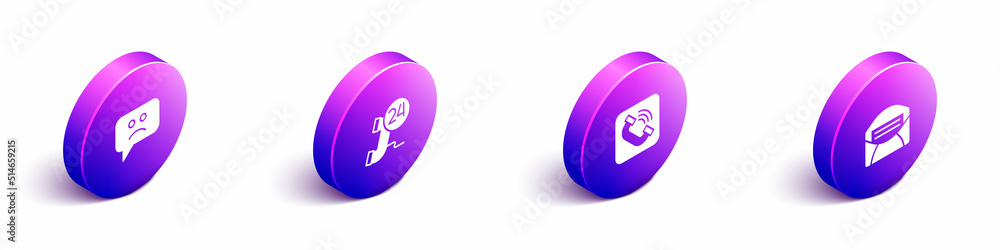 Set Isometric Sad smile, Telephone 24 hours support, handset and Mail e-mail icon. Vector