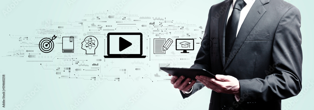 Webinar concept with businessman holding a tablet computer