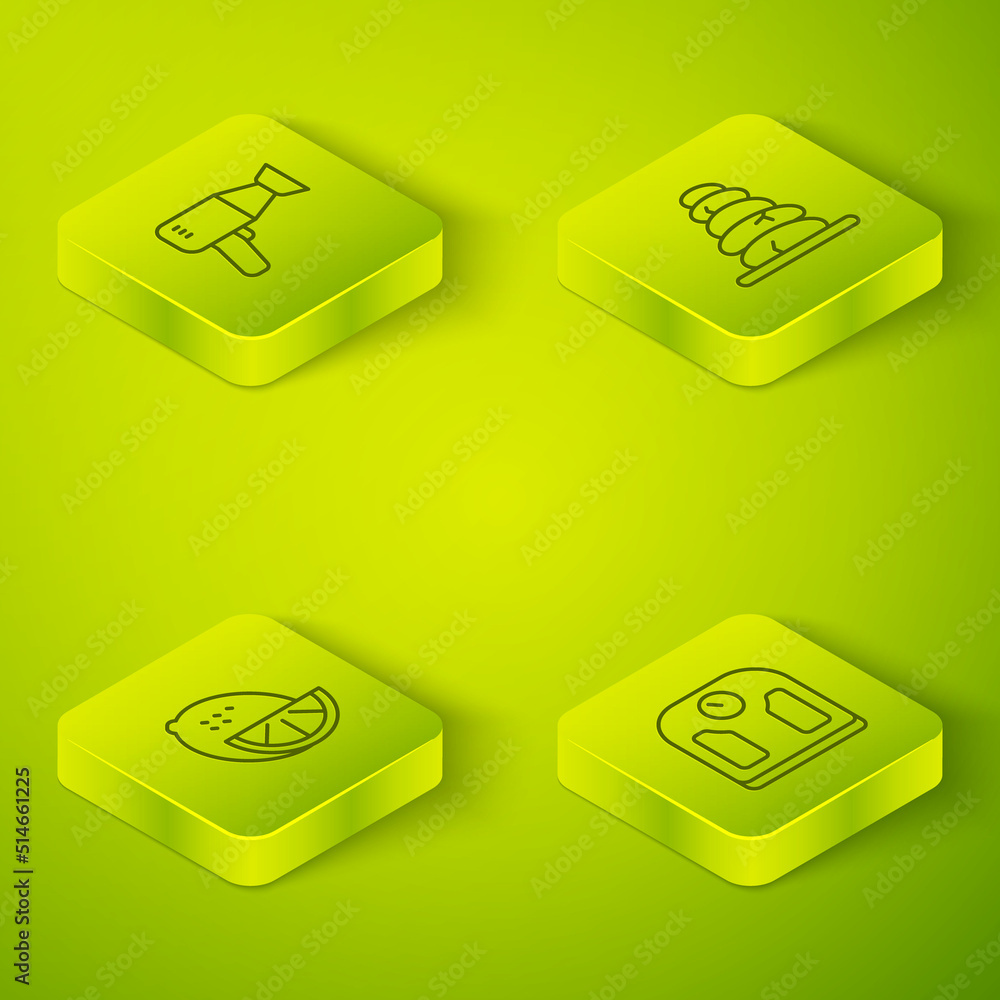 Set Isometric line Stack hot stones, Lemon, Bathroom scales and Hair dryer icon. Vector