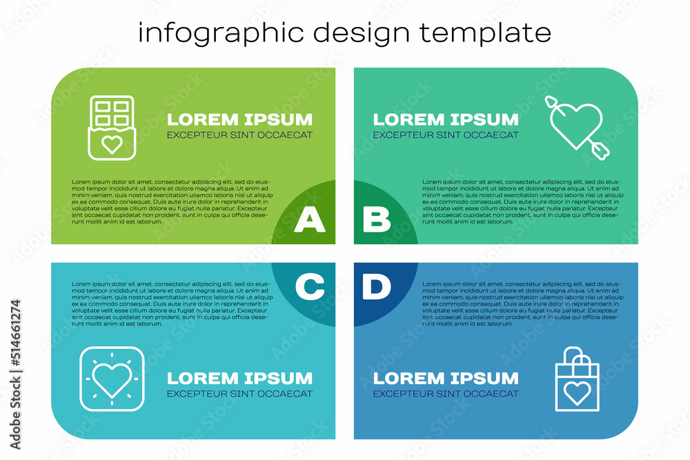 Set line Heart，Chocolate bar，Shopping bag with Heart and Amour and arrow。商业信息图项目