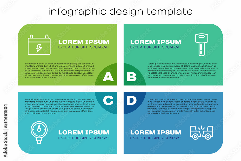 设置线路轮胎压力表、汽车电池、事故和带遥控器的钥匙。商业信息图templa