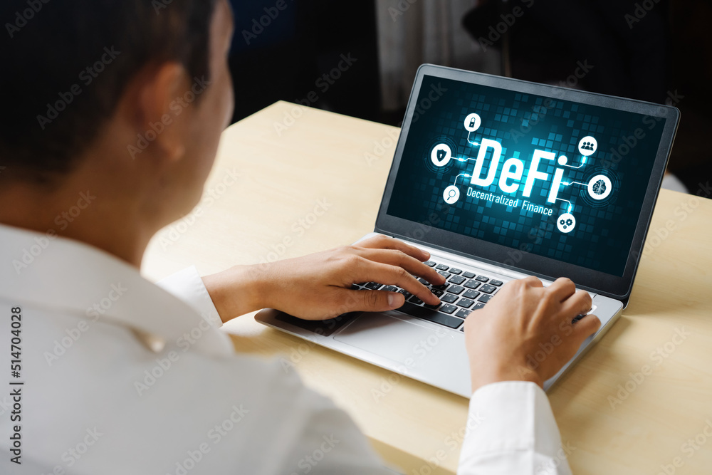 Decentralized finance or DeFi concept on modish computer screen . The defi system give new choice of