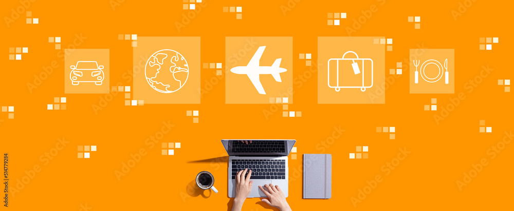 Airplane travel theme with person working with a laptop