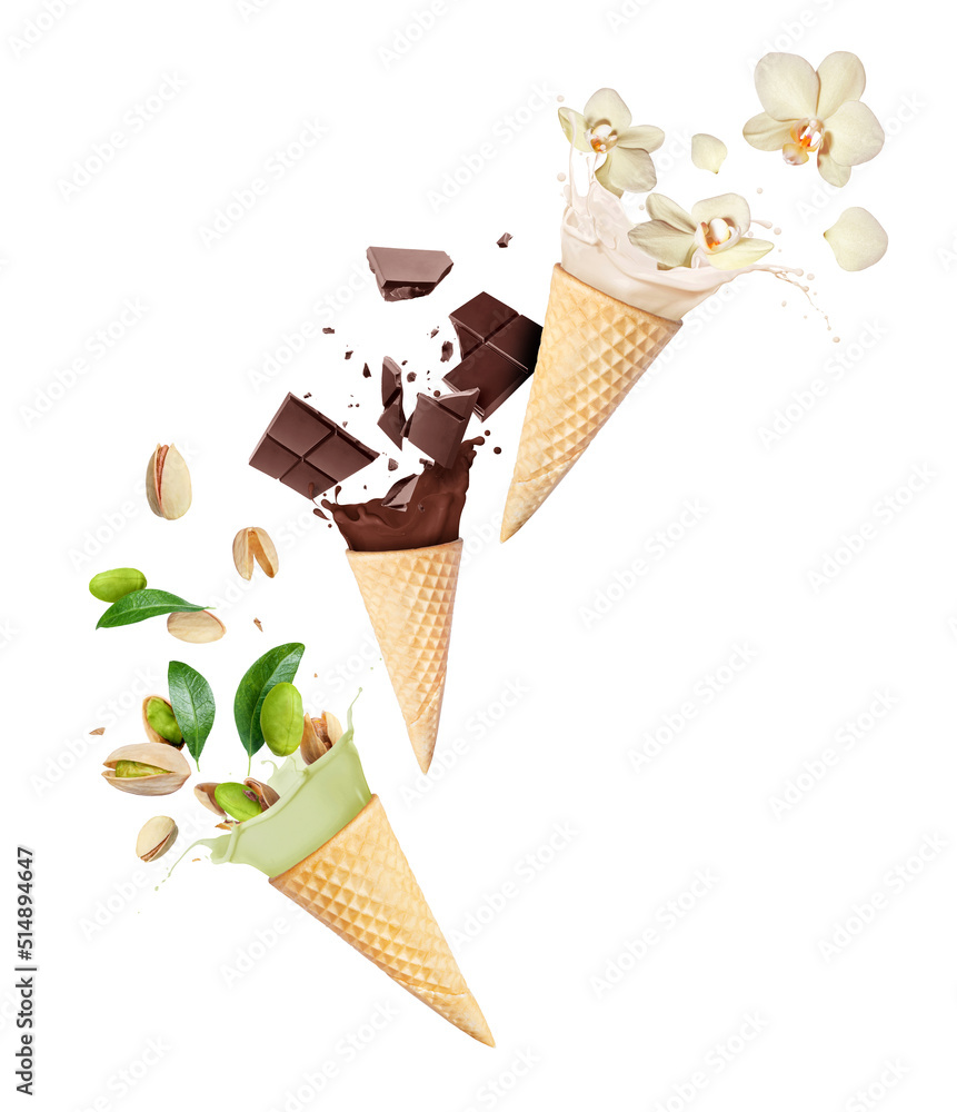 Three ice cream cones with different flavors isolated on a white background