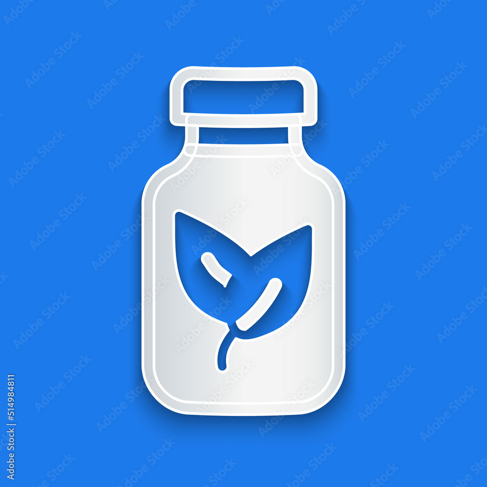 Paper cut Fertilizer bottle icon isolated on blue background. Paper art style. Vector