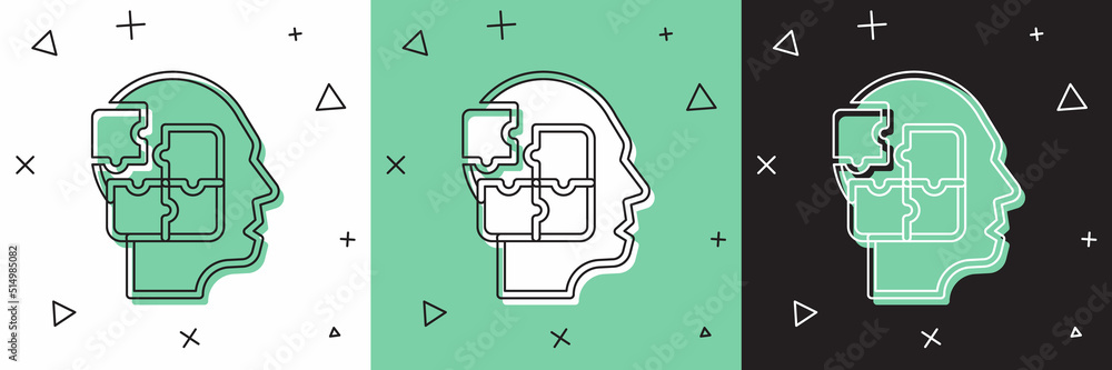 Set Human head puzzles strategy icon isolated on white and green, black background. Thinking brain s