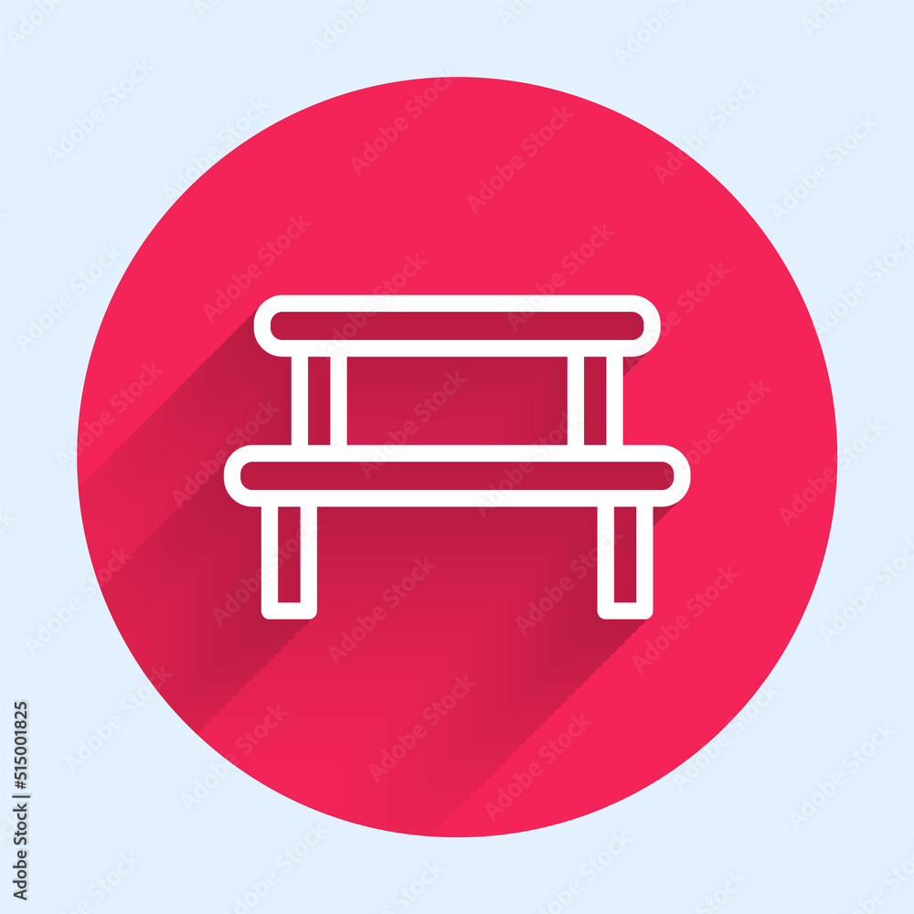 White line Sauna wood bench icon isolated with long shadow background. Red circle button. Vector