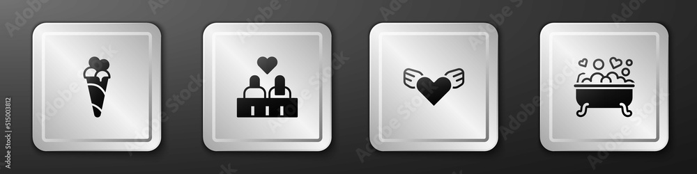 Set Ice cream in waffle cone, Couple love, Heart with wings and Romantic bathroom icon. Silver squar