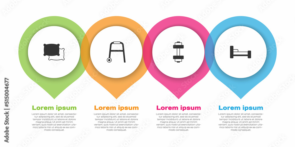 套装枕头、学步车、哑铃和床。商业信息图模板。矢量