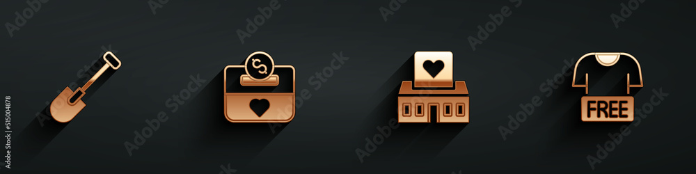 Set Shovel, Donation and charity, Volunteer center and Clothes donation icon with long shadow. Vecto