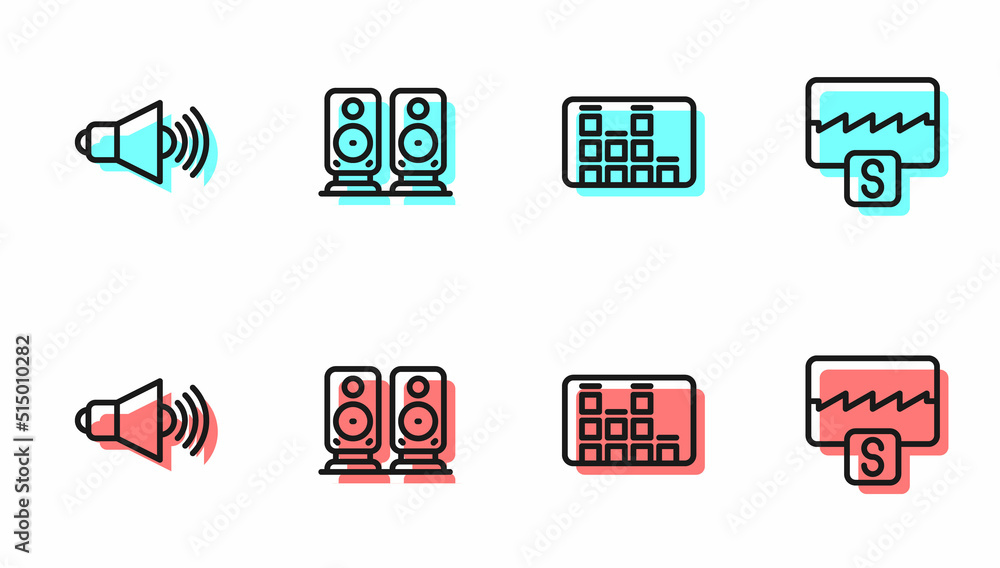 设置线路音乐均衡器、扬声器音量、立体声扬声器和波形图标。矢量