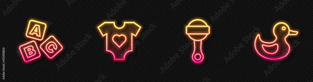 Set line Rattle baby toy, ABC blocks, Baby clothes and Rubber duck. Glowing neon icon. Vector