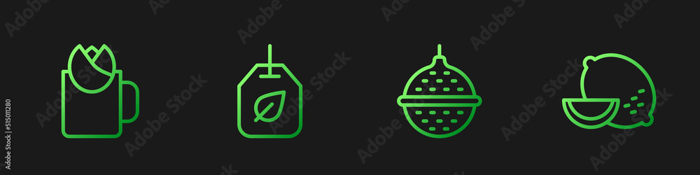 Set line Ball tea strainer, Cup of with rose, Tea bag leaf and Lemon. Gradient color icons. Vector