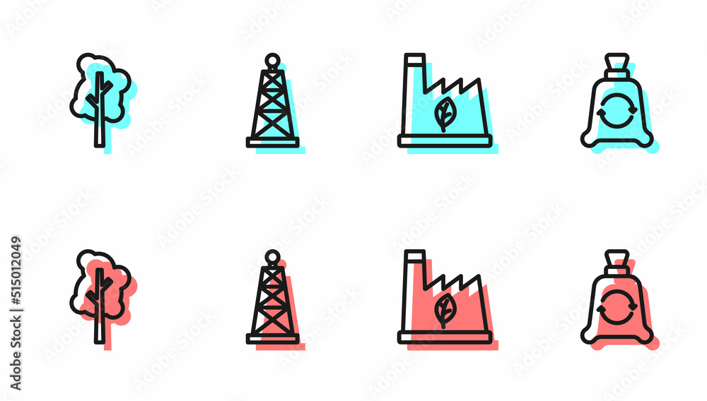 设置工厂回收垃圾，树，石油钻机和垃圾回收图标。矢量