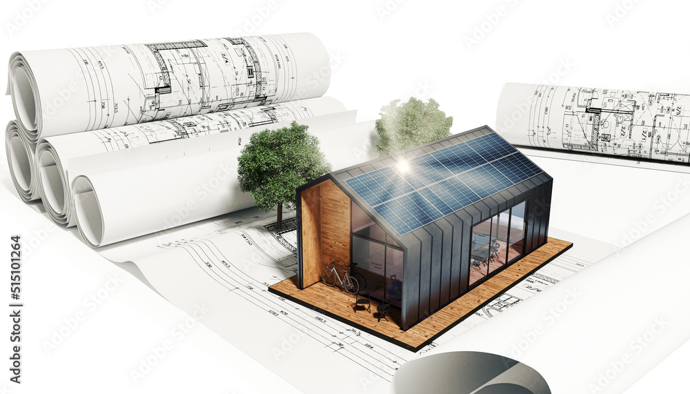 太阳能模块是一个现代的家庭-3D可视化