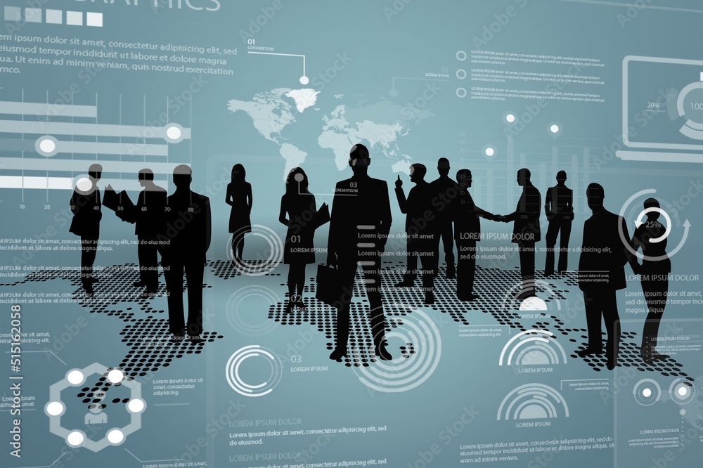 Silhouette of people and statistics chart concept. Human resources. Technology of business.